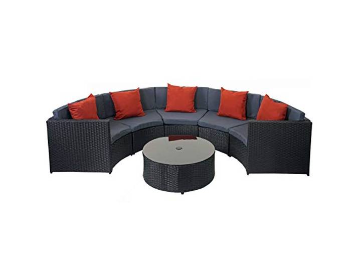 Mendler Garnitur HWC-E17 - schwarz, Polster dunkelgrau, Kissen Terracotta Garten-Set, Sitzgruppe, rund, Poly-Rattan