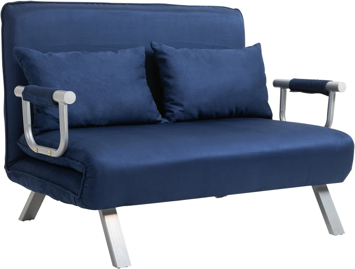 Homcom Sofa Bed met verstelbare rugleuning en kussens, 2-zits bank met slaapfunctie in blauwe fluwelen look