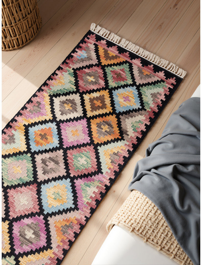 Zara Kilim Rug by Hanse Home - Natural Living Room Rug Wool Handwoven Afghan Kilim Living Room, Bedroom Black Runner 60 x 190 cm