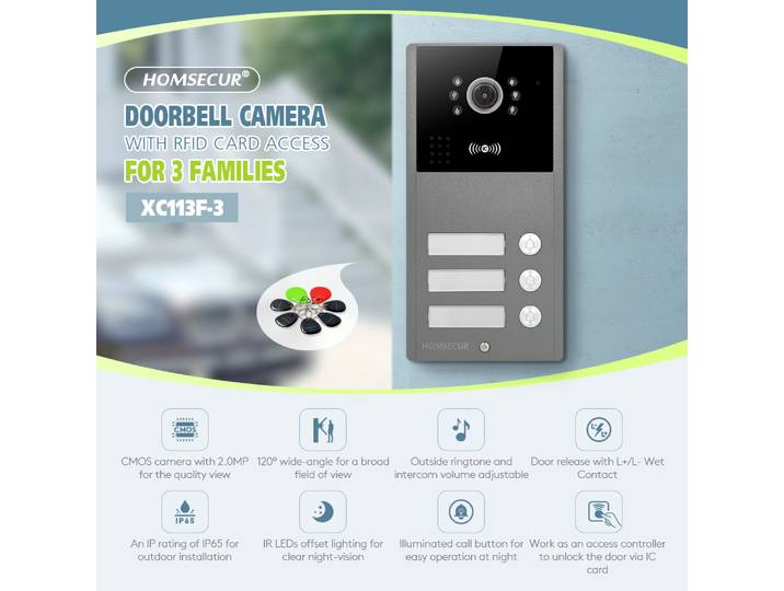 5 pièces IC 13.56Mhz porte-clés + 4 fils XC113F-3 HD sonnette caméra IP65 pour Tuya Smart WIFI vidéo interphone sécurité 3 appartements