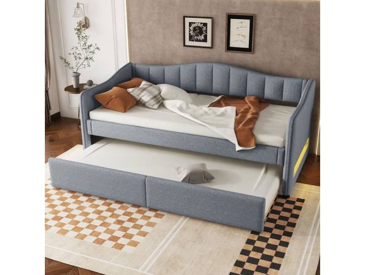 Lit gigogne - Canapé-lit - 90x200cm - Lin gris - LED - 2/3 places