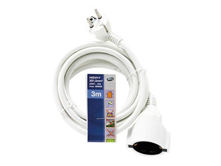 REV Verlengkabel - verlenging 3 m met haakse stekker, 3680 W, wit