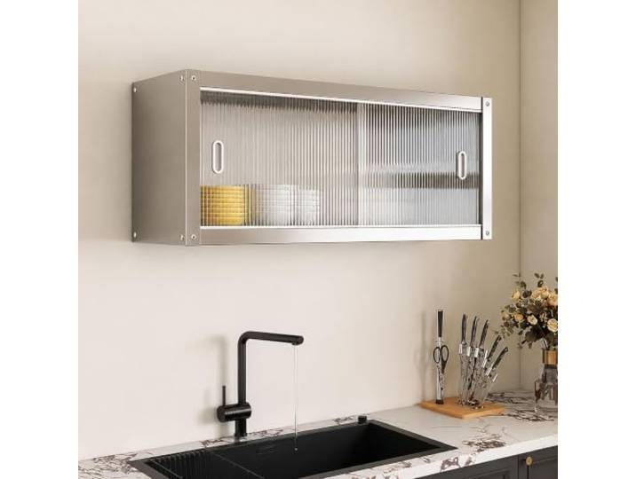 FQMYLTYN Wandhängender Küchenschrank, Edelstahl Schrank mit Schiebetüren Gewürzregale mit großem Fassungsvermögen, für Küche, Wohnzimmer, Badezimmer und Balkon(120x35x40cm/47x14x16in)