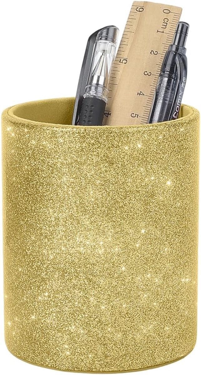 Multifunctionele ronde opbergdoos voor kantoorbenodigdheden van PU lederen glittermateriaal - Goud