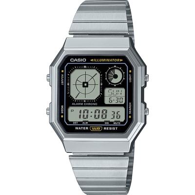 Chronograph CASIO VINTAGE, schwarz, edelstahlfarben, schwarz, Armbanduhren, Damen, silberfarben, Chronograph, Quarzuhr, Armbanduhr, Damenuhr, Herrenuhr, Edelstahlarmband, digital