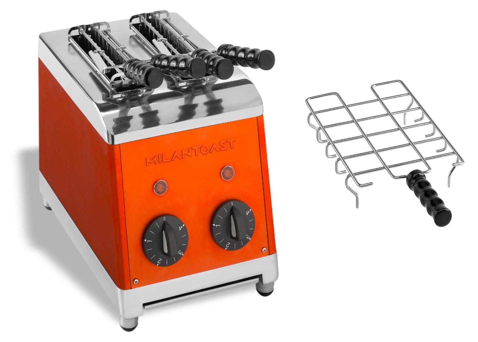 Milantoast 2-er Toaster mit Zangen Orange mit Brötchenaufsatz