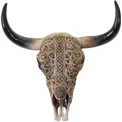 Décoshop26 - Wanddekoration Stierkopf 31 cm Longhorn-Trophäe mit Stammesdesign aus Polyresin Innen/Außen Natur 04_0002847