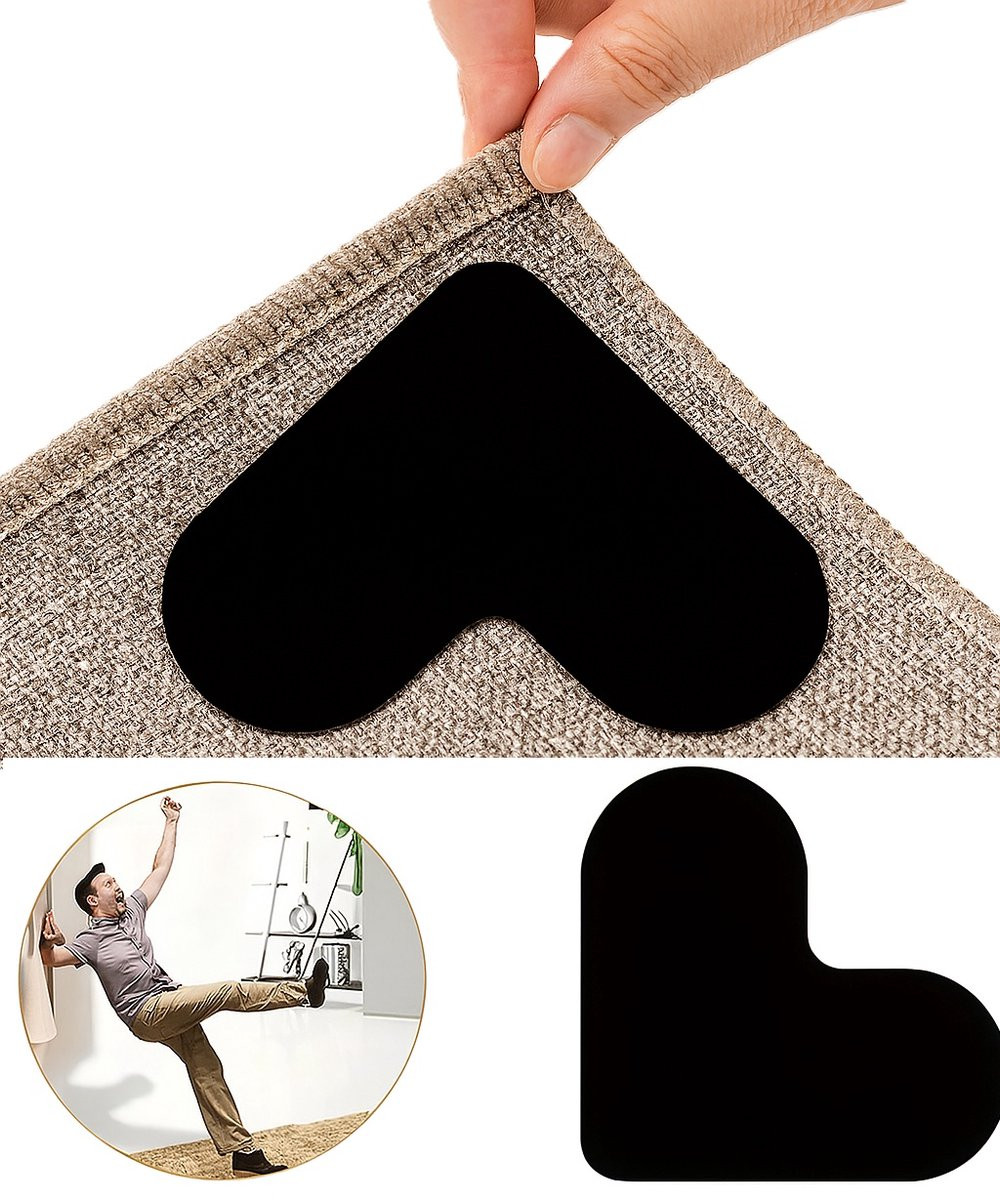 Set van 4 hartvormige anti-slip tapijtstickers voor vloerkleden, herbruikbaar en zelfklevend