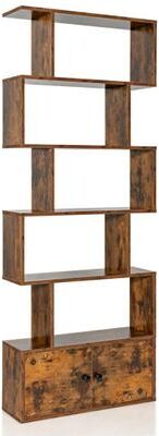 Costway 6-Tier S-Shaped Freestanding Bookshelf with Cabinet and Doors-Coffee