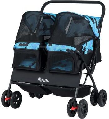 Costway Foldable Double Pet Stroller with Adjustable Sunshade and Storage Basket-Navy