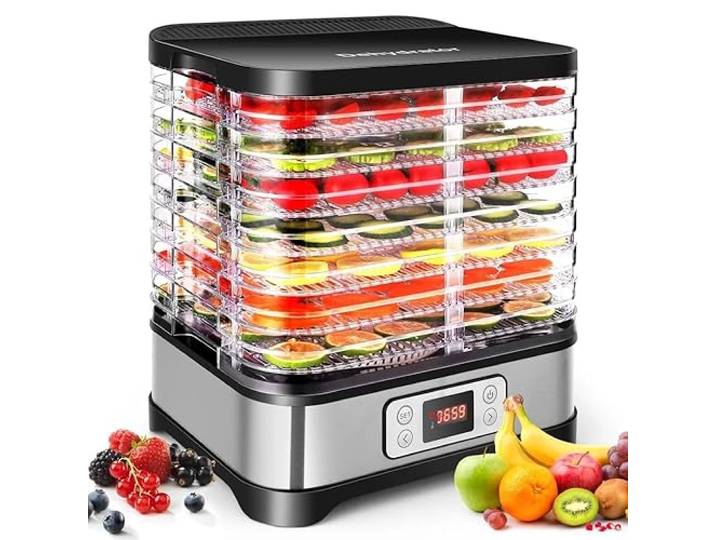 Nictemaw 400W Dörrautomat 8 Etagen 72h Timer - Silber/Schwarz Dörrgerät für Lebensmittel mit einstellbarer Temperatur (35-70°C). Ideal für Fleisch, Obst und Gemüse.