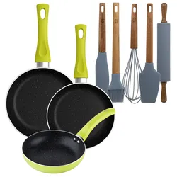 BERGNER - Set aus 3 Pfannen Ø20/Ø24/Ø28 cm gepresstes Aluminium Molen Grün Set 5 Küchenutensilien aus Silikon und Holz