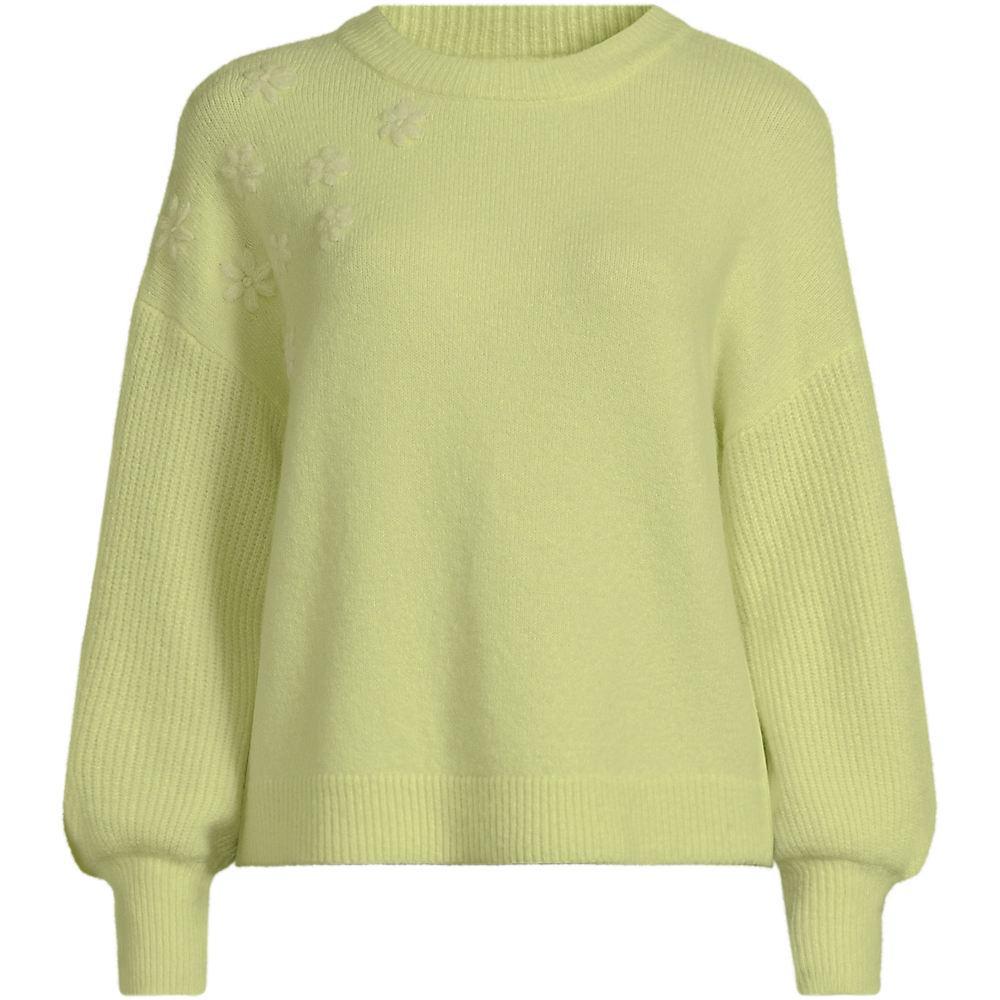 Rundhalspullover mit aufgestickten Blumen für Damen in Petite-Größe, Damen, size: petite, Grün, Wolle/Polyester/Viskose, by Lands' End