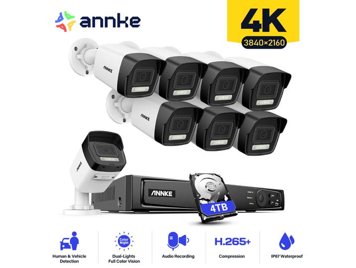 Annke-Système de caméra POE Smart Tourists Light, H.disparates, 4K, objectif 4mm, détection de véhicules humains, protection de sécurité IP67, vidéosurveillance