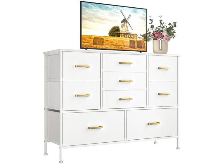 Commode chambre 9 tiroirs - LDSZXNE - blanc - tissu cationique et cuir - 110x35x81cm - Style Moderne