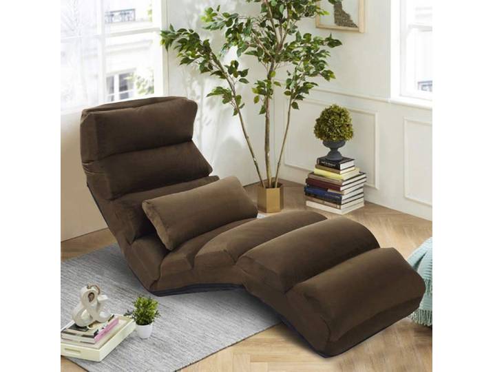 COSTWAY Fauteuil de Sol Relax Convertible à Lit Dossier Réglable 5 Positions en Faux Daim avec Oreiller pour Salon Bureau Marron