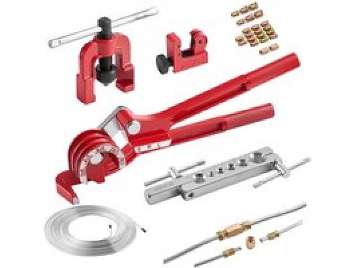 VEVOR 5 tlg. Bremsleitung Bördelgerät Set, 45° Bördelwerkzeug mit 7,6m x 4,76mm Bremsleitung für Einfachbördelung, Rohraufweiter mit 20 Anschlüssen 2 Verbindern & Rohrbieger, Reparatursatz für KFZ