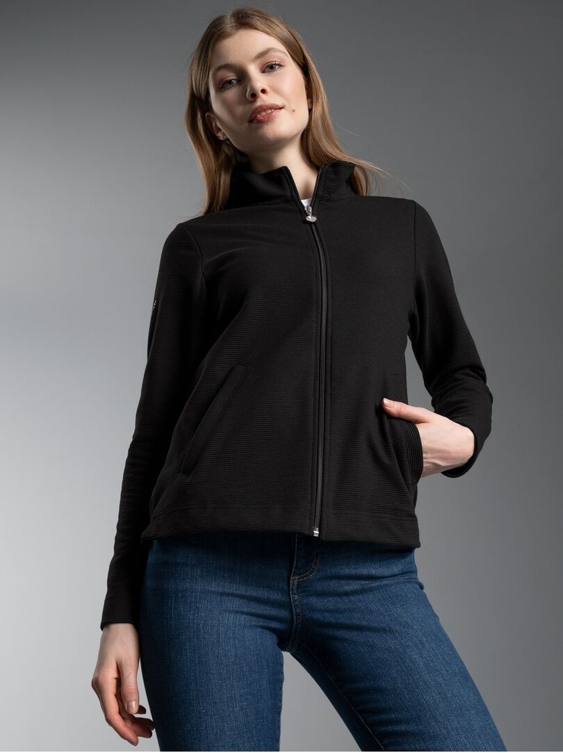 Sweatjacke TRIGEMA "TRIGEMA Jacke mit funkelnden Strass-Steinen", Damen, Gr. XXL, schwarz, Sweatware, 55% Polyester, 45% Baumwolle, normal, ohne Ausschnitt, Sweatjacken Sweatjacke schwarz XXL