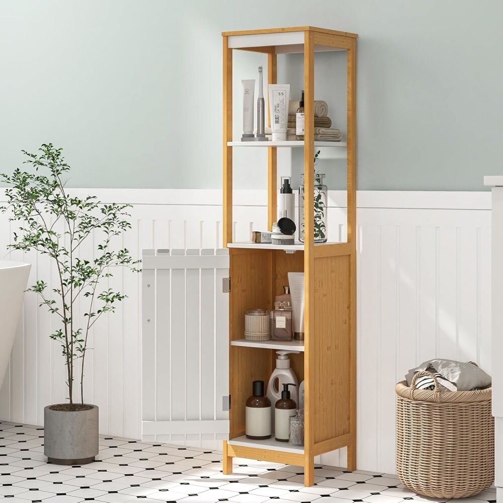 Giantex Armoire haute autoportante de salle de bain bambou beige 30x30x129cm Marron 30x129x30cm
