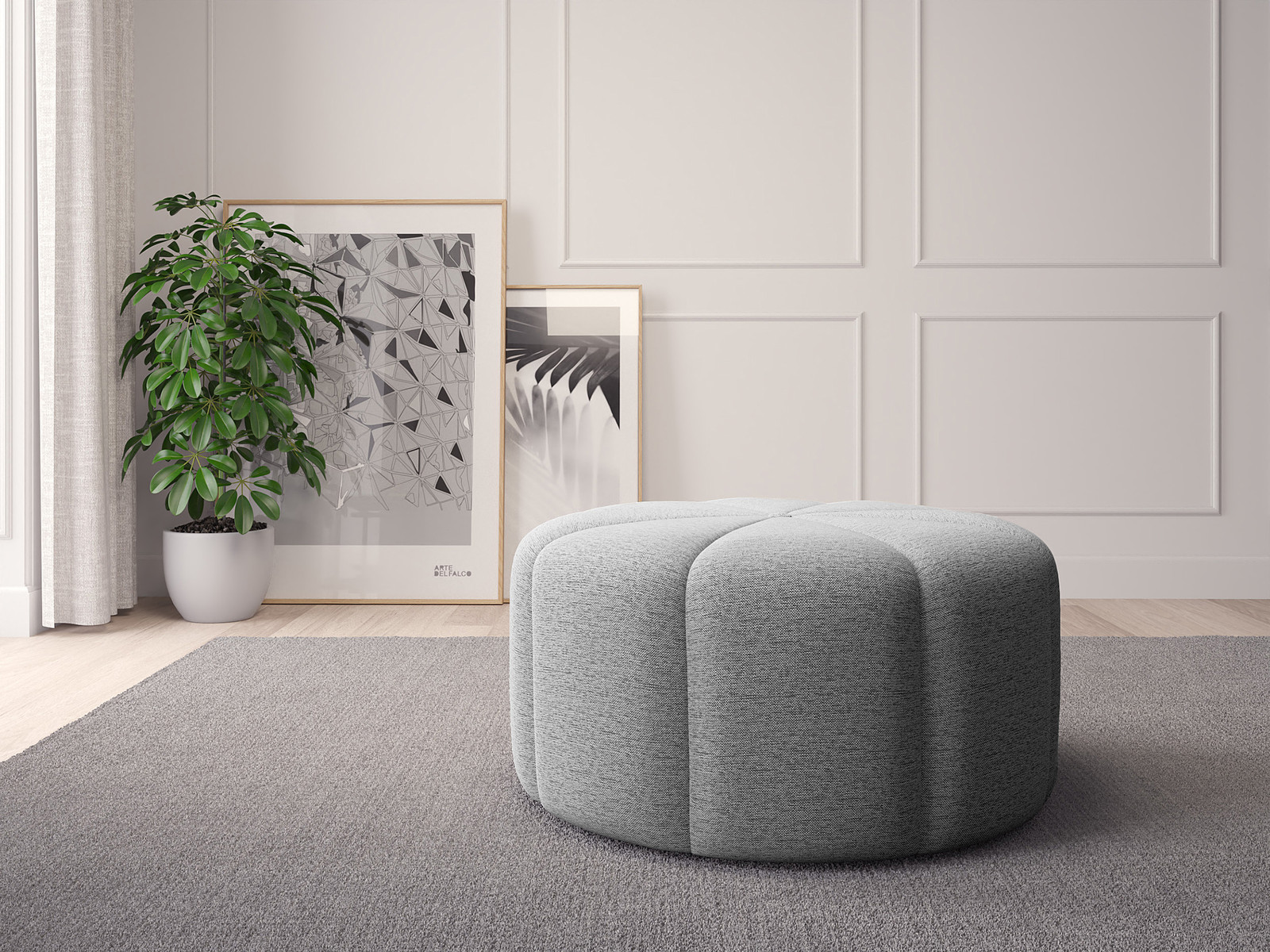 home24 Poef FORA Zilvergrijs Geweven Stof Diameter: 80 cm