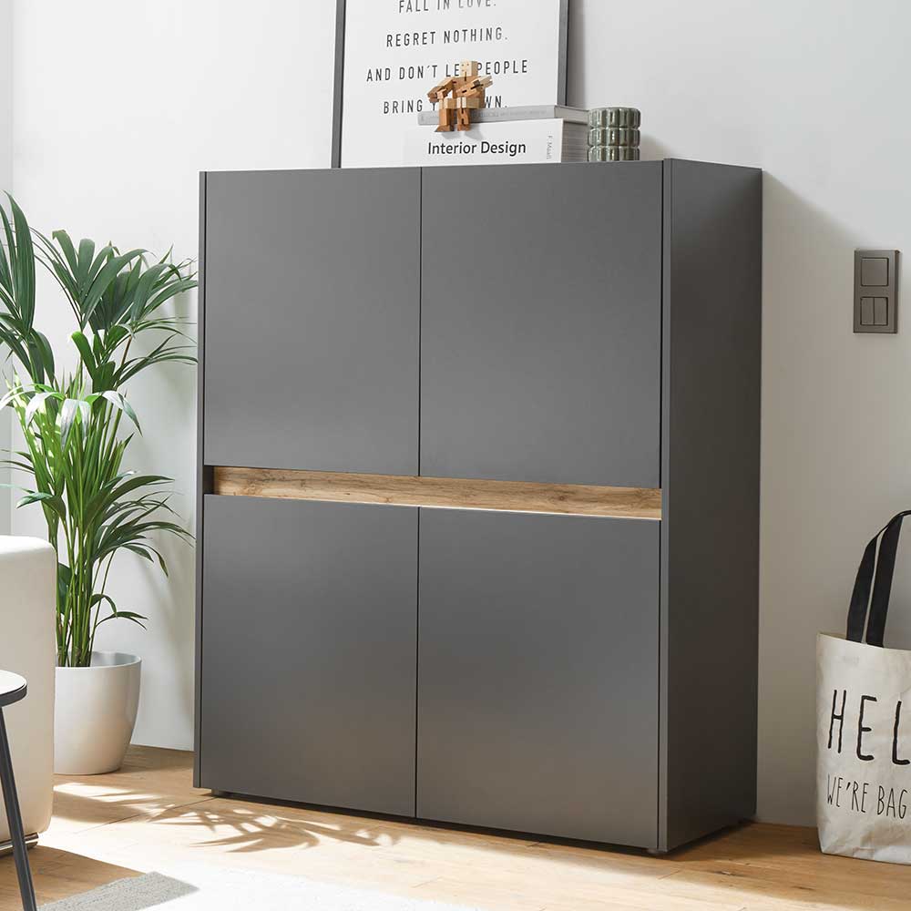Pharao24.de Esszimmer Highboard in Anthrazit und Wildeiche Optik 4 türig