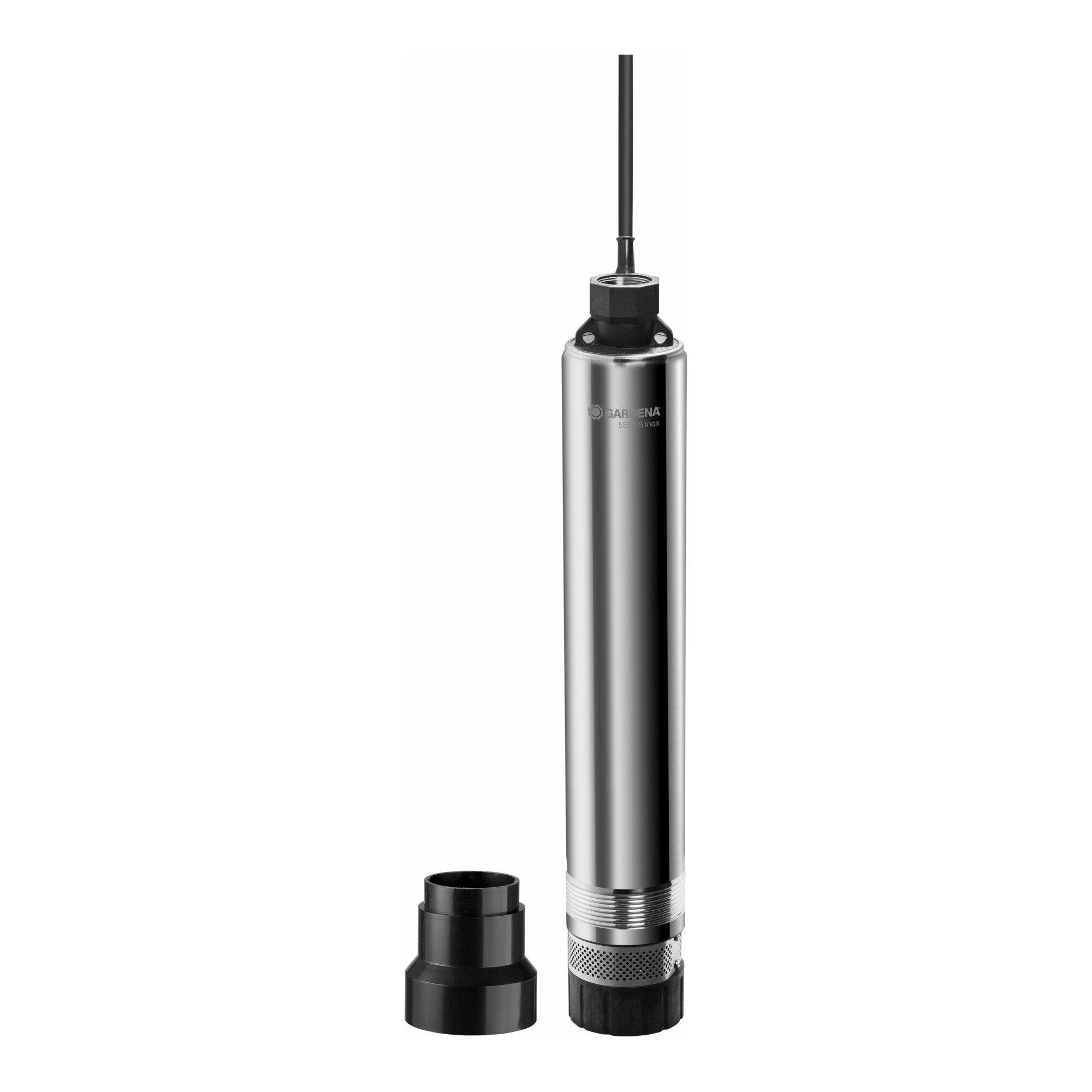 GARDENA Tiefbrunnenpumpe 5500/5 inox aus Edelstahl und Kunststoff mit Tauchdruckmesser und Schwimmerschalter für Brunnen oder Zisternen bis 19 m Tiefe - 01489-20)