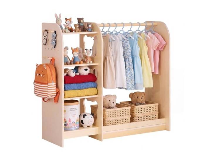 VEVOR Kinderkleiderschrank 120x40x106cm, Kindergarderobe mit Spiegel Kleiderstange Ablagen, Multiplexholz Verkleidungsschrank für Mädchen, Kinderschrank für Kostüme Dress-Up Schlafzimmer, Naturholz