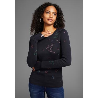 Rundhalspullover KANGAROOS, Damen, Gr. 36/38, blau (dunkelblau), Strick, Obermaterial: 50% Baumwolle, 50% Polyacryl, figurbetont hüftbedeckend, Rundhals, Rippbündchen mit Daumenlöchern, Pullover Rundhalspullover, mit gestrickten Motiven