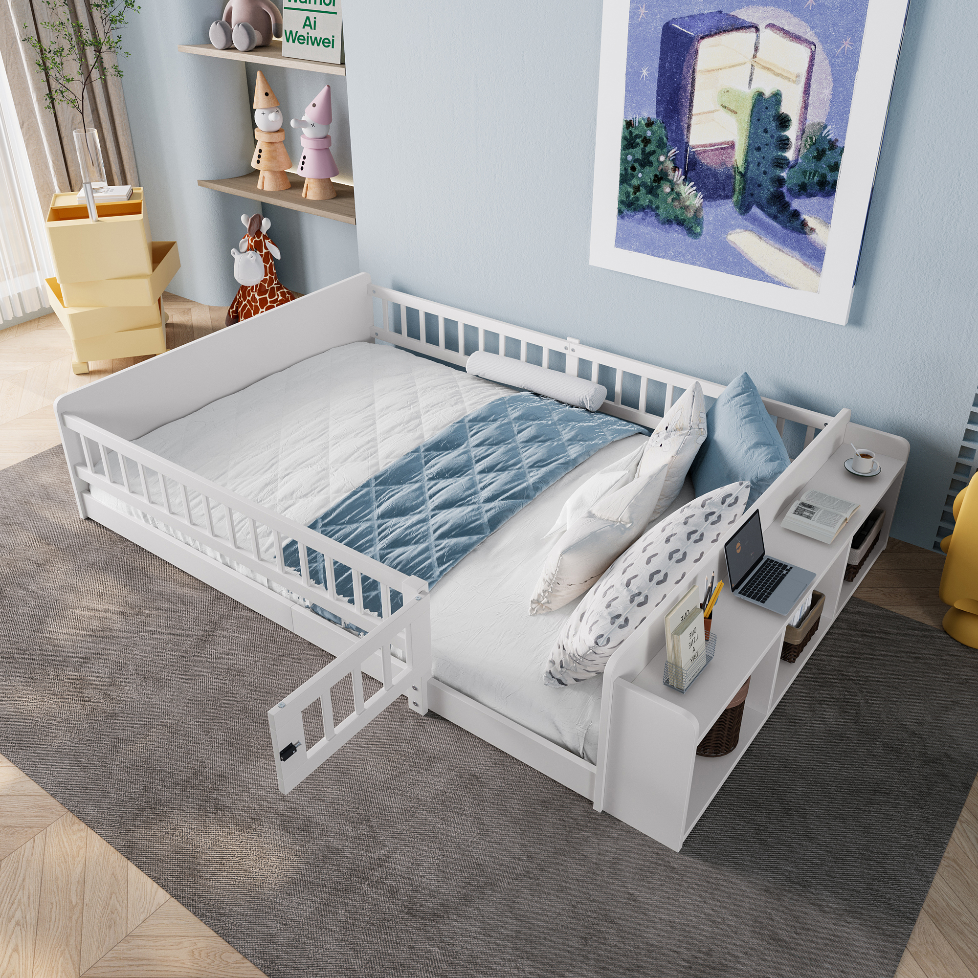 okwish Jugendbett 140×200 Holzbett mit Matratze, Kinderbett mit Sicherheitstür und Zaun,mit Offenes Lager und Einlegeböden,aus Kiefernholz,Weiß