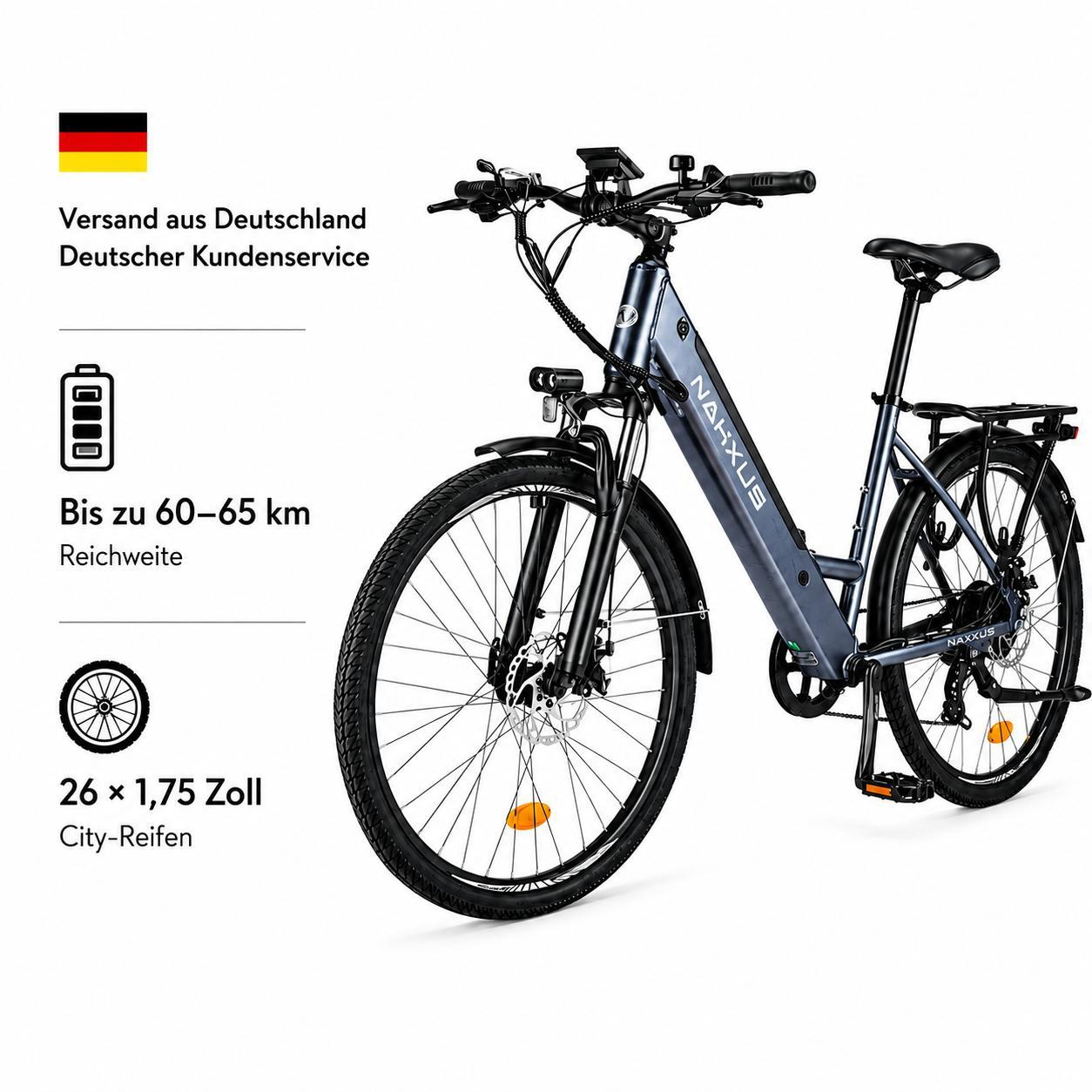 M208 26 Zoll City-E-Bike Tiefeinsteiger, 36V 12,5Ah Akku, Shimano 7-Gang, LCD-Display, Scheibenbremsen & Federgabel