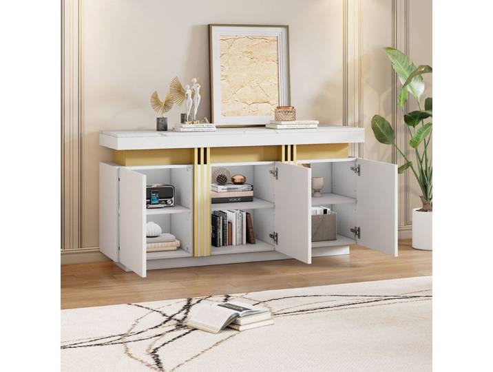 LPOSPI Buffet de rangement - 3 placards 6 niches surface supérieure panneau de particules 140x38x70 cm blanc marbre