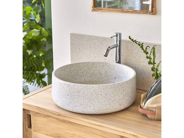 Rundes Waschbecken Milos aus Premium-Terrazzo White - Weiß