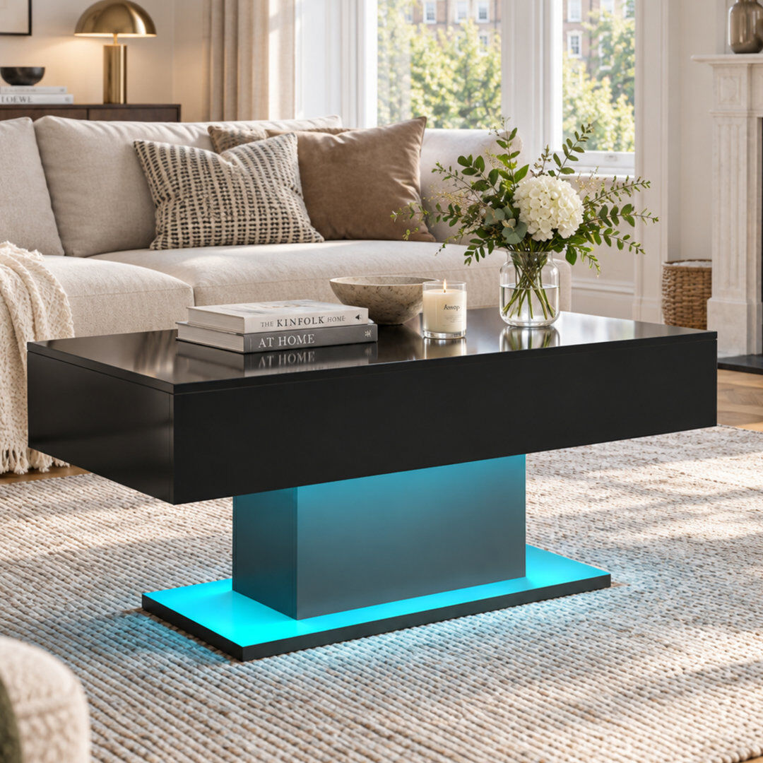 Metro Alpena High Gloss LED Rectangle Coffee Table with Open Storage Black 50cm H X 110cm W X 55cm D
