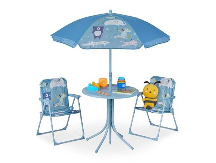 Relaxdays Camping Kindersitzgruppe, Kindersitzgarnitur mit Schirm, Kinderklappstühle & Tisch, Strand & Garten, Farbwahl