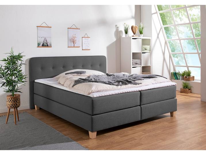 Boxspringbett, Strukturstoff, Grau (Anthrazit), 213×207 cm, Mit Topper & Bonnell-Federkernmatratzen, Klassisch, Home Affaire