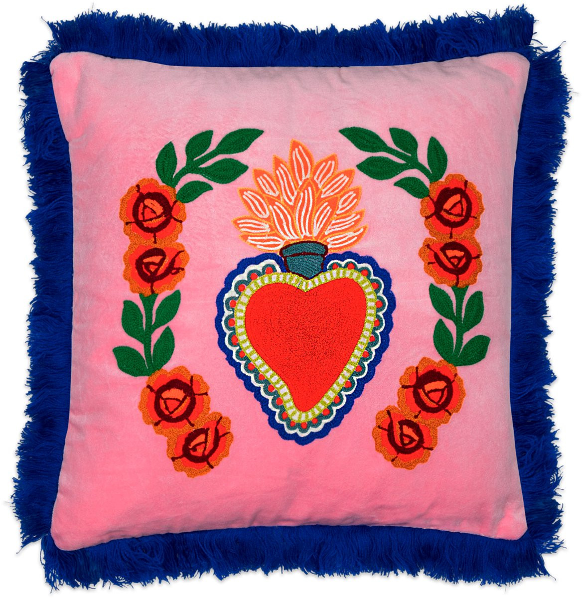 Kitsch Kitchen Milagro hart kussen - Roze met franjes