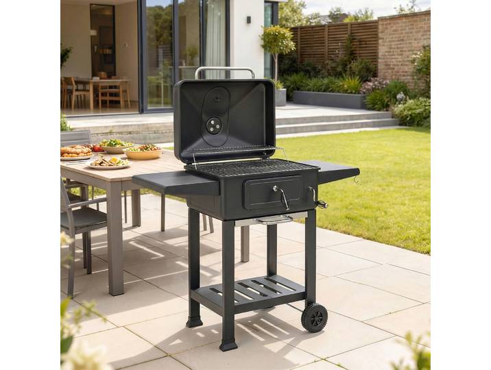 Outsunny Barbecue Charbon XXL 112cm avec Couvercle Noir