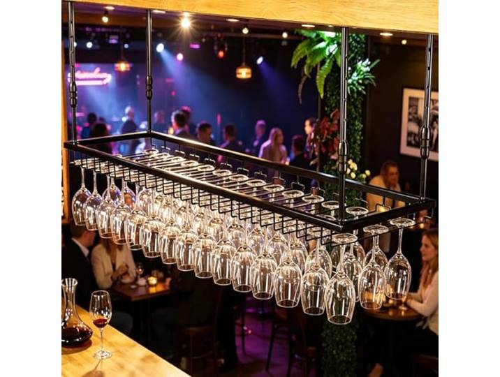AUSKLEZU Deckenhängender Weinglashalter aus Metall, höhenverstellbar (Schwarz, 60cm)