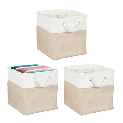 Relaxdays Aufbewahrungskorb, 3er Set, Leinen, mit Seilgriffen, Kleidung, Spielzeug, 28x28x28 cm, Regalkorb, beige/weiß