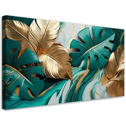 LEINWANDBILD Monstera Leaves Gold Türkis Marmor 100x50cm