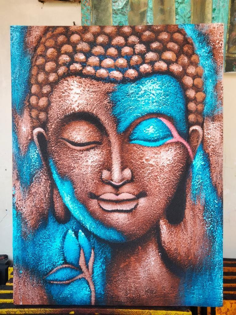 Pintura van Boeddha schilderij met bloemen in brons en blauw door Ancient Wisdom s.r.o.