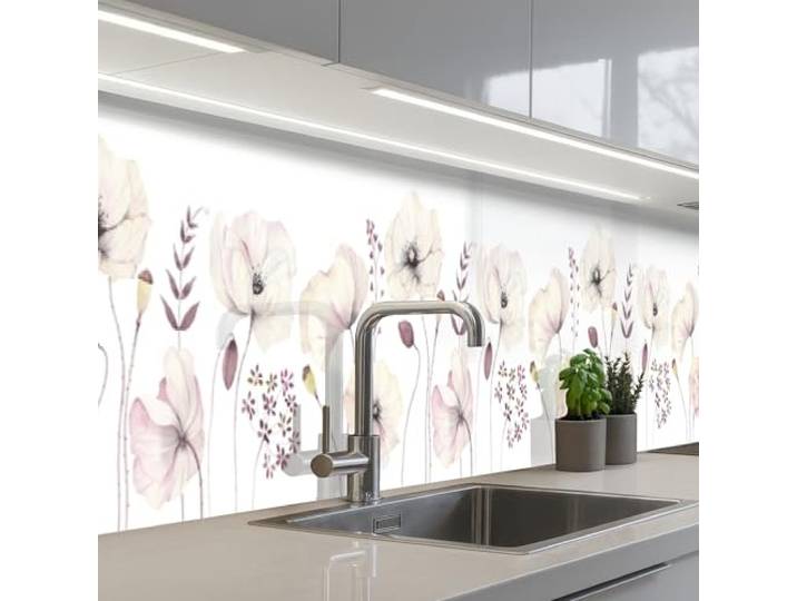 KitchenYeah© Spritzschutz Küchenrückwand Küche Abwaschbar Selbstklebend 60x500 cm - Küchenwand Küchenfront Küchen Rückenwand Wandschutz Blumen - Pastell - Pflanzen - Weiß