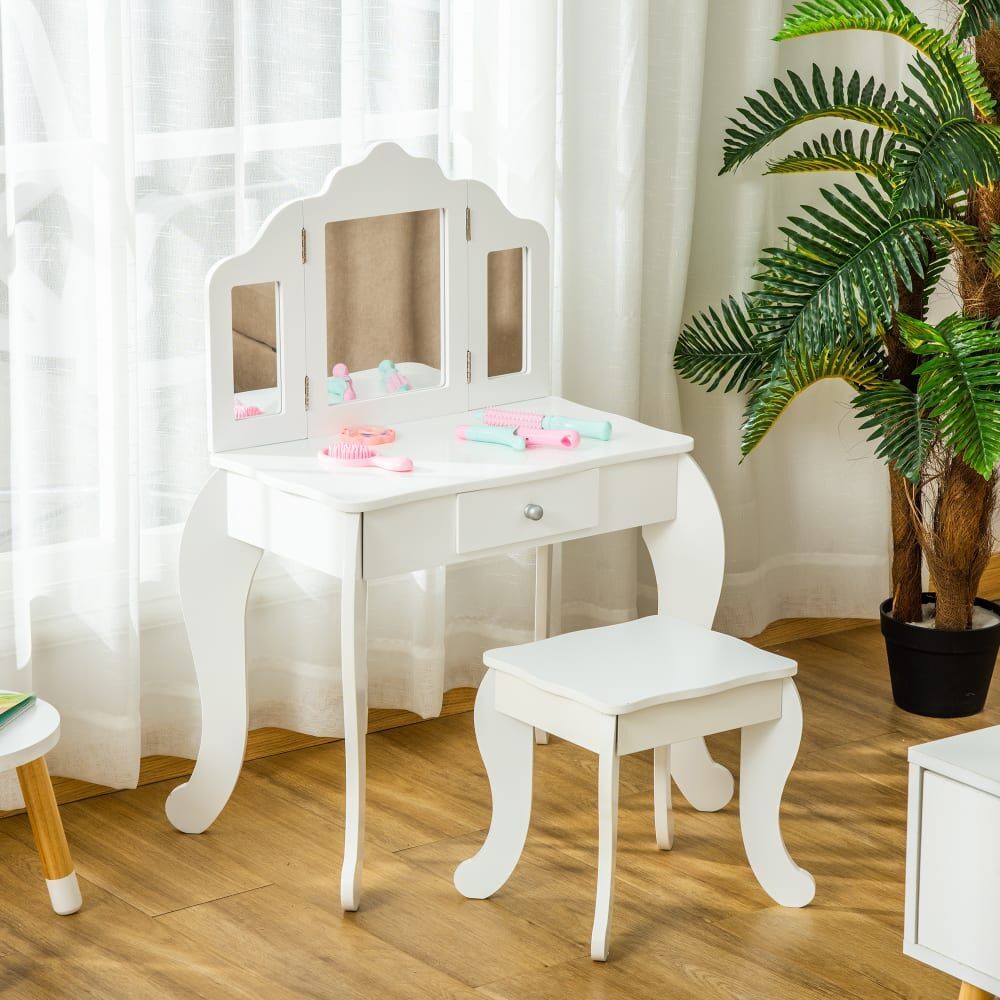 Homcom Coiffeuse enfant tabouret miroir triptyque et tiroir coulissant blanc Blanc 63x86x40cm