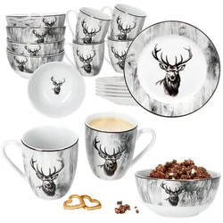 Alois 18tlg Frühstücksset Porzellan Hirsch Holz-Optik Schalen Becher Teller