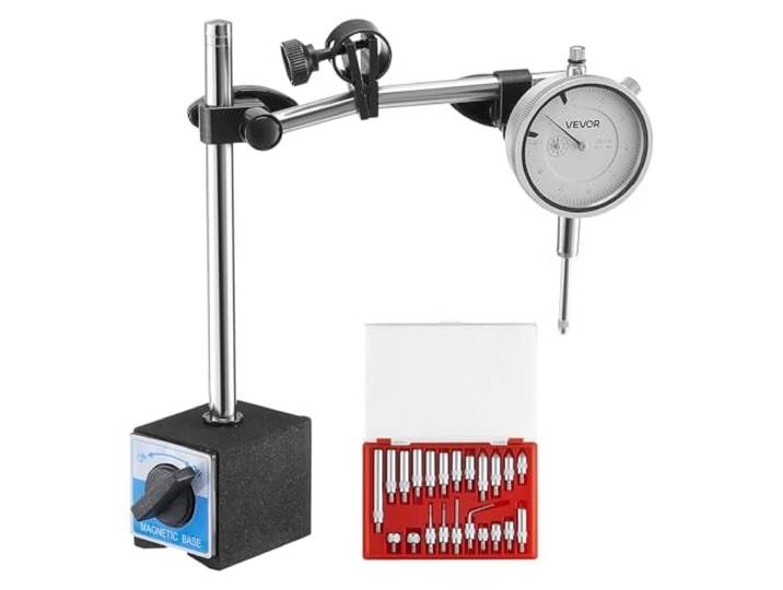 VEVOR Indicateur de test à cadran avec support à double tige et étui de rangement\, comparateur à cadran\, précision de 0\,03 mm\, plage de mesure de 0 à 25\,4 mm\, avec tiges de centrage non magnétiques