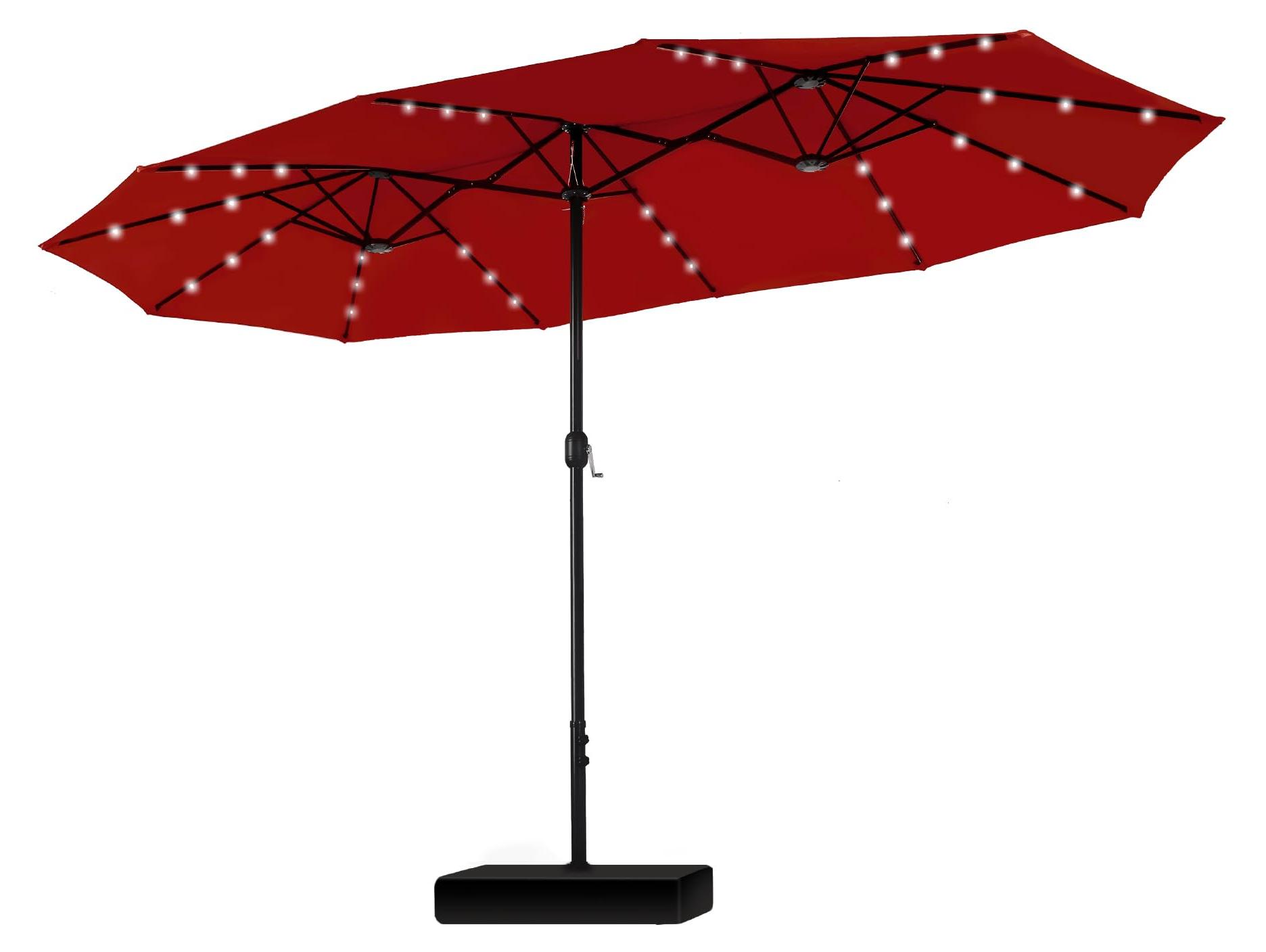 Großer rechteckiger Sonnenschirm mit Ständer, 450 x 270 cm, für Garten und Terrasse, mit LED-Beleuchtung, Kurbel, UV-Schutz, windfest, dunkelrot