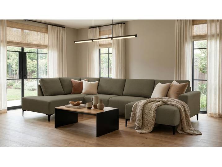 Wohnlandschaft, Webstoff, Olive, 333×198 cm, U-Form, Skandinavisch, Home-affaire