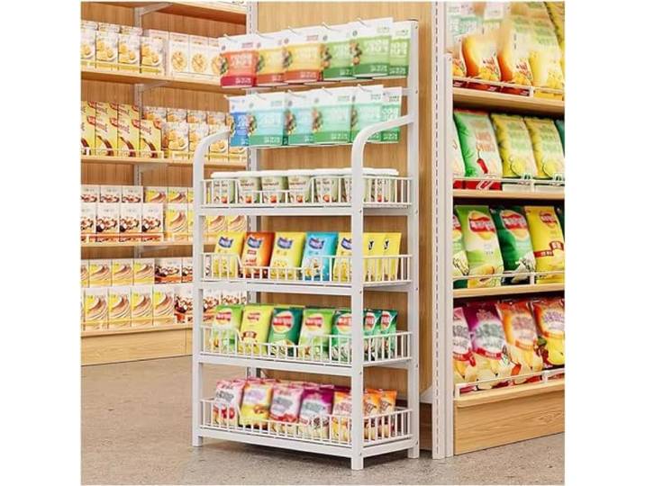 Regal für den Einzelhandel, Supermarkt-Gemüseregal, 3/4/5 Etagen, Supermarktregal mit Haken, großes Verkaufsregal, Metalldraht, Snack-Display, zum Aufhängen, Weiß, 4 Etagen, 146 x 27 x 70 cm