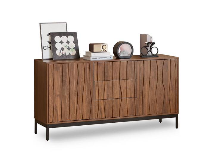 SeedWave Sideboard Retro Sideboard Anti-Kipp Grifflose Kommode mit 2 Türen, 3 Schubladen, Mehrer Stauraum, verstellbare Einlegeböden, Rückprallstellsetzung