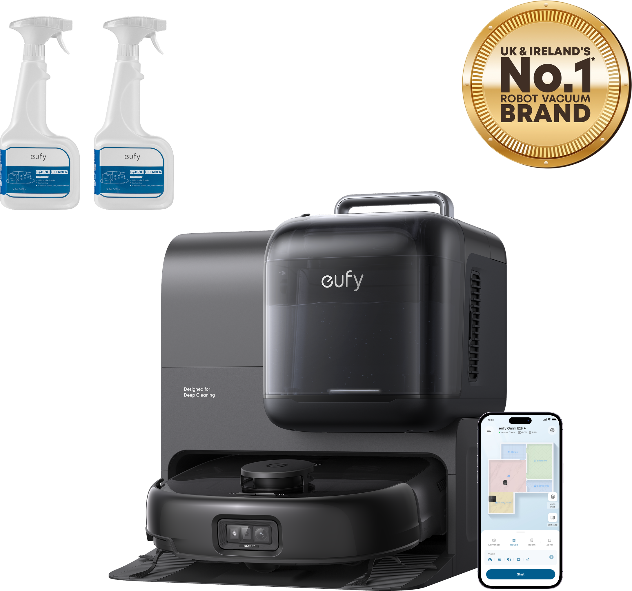 eufy Robot Vacuum Omni E28 with 2 Fabric Cleaners Black